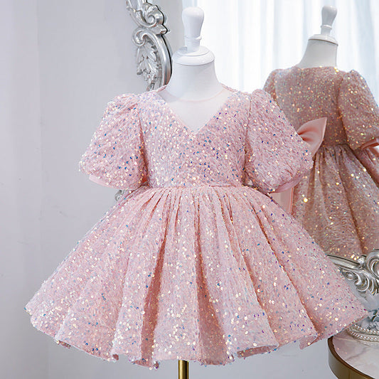 Pink Sequin Princess Dress | V-Neck Bow Puff Sleeves