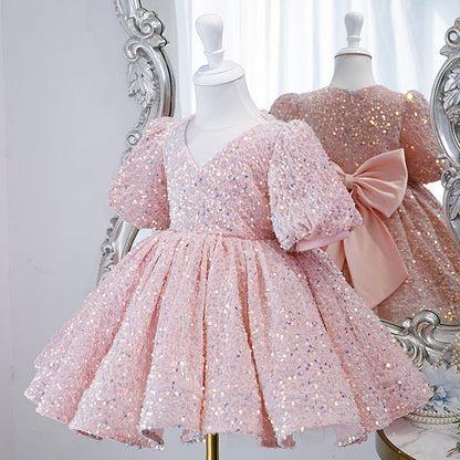 Pink Sequin Princess Dress | V-Neck Bow Puff Sleeves