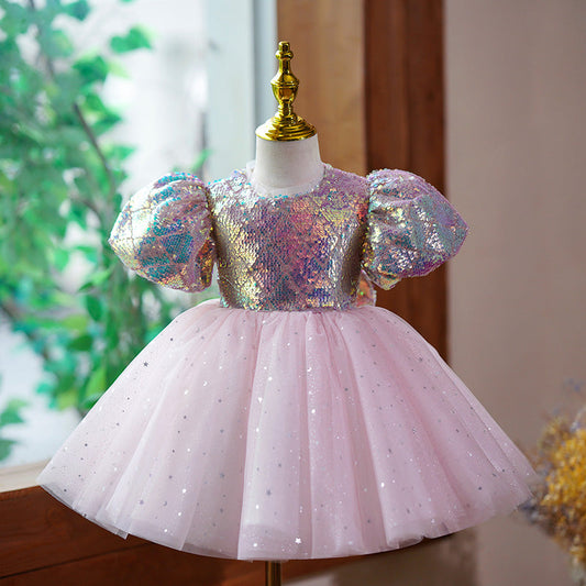 Pink Sequin Princess Dress for Girls – Short Sleeve Knee Length Party Dress