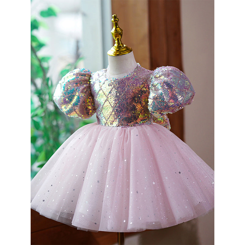 Pink Sequin Princess Dress for Girls – Short Sleeve Knee Length Party Dress