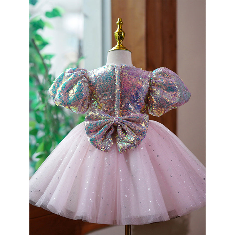 Pink Sequin Princess Dress for Girls – Short Sleeve Knee Length Party Dress