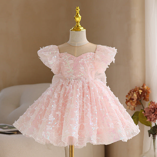 Pink Sequin Princess Flower Girl Dress | Lace Puff Sleeve
