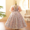 Pink Sequin Princess Flower Girl Dress | V-Neck Sleeves