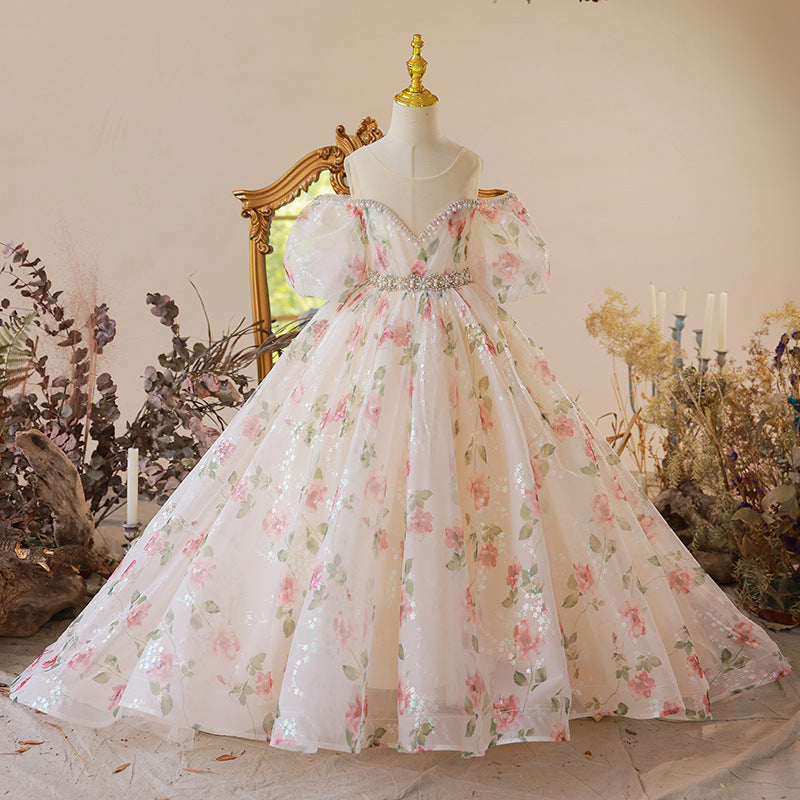 Pink Sequin Princess Flower Girl Dress Beaded Ruffle Cold Shoulder