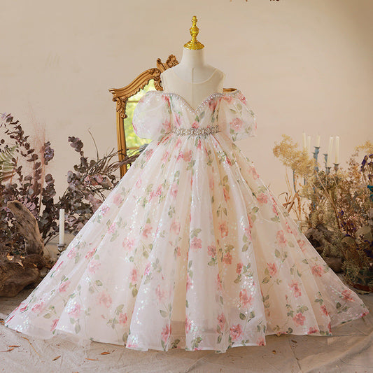 Pink Sequin Princess Flower Girl Dress Beaded Ruffle Cold Shoulder