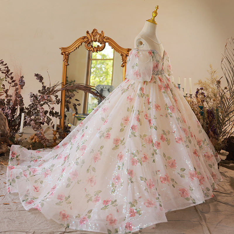 Pink Sequin Princess Flower Girl Dress Beaded Ruffle Cold Shoulder