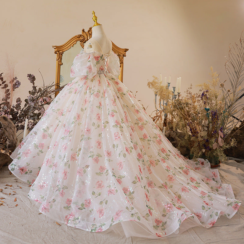 Pink Sequin Princess Flower Girl Dress Beaded Ruffle Cold Shoulder
