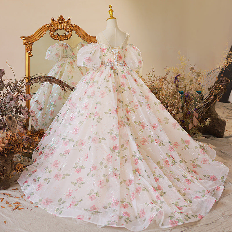 Pink Sequin Princess Flower Girl Dress Beaded Ruffle Cold Shoulder