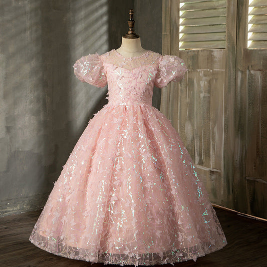 Pink Sequin Princess Flower Girl Dress Boat Neck Puff Sleeve