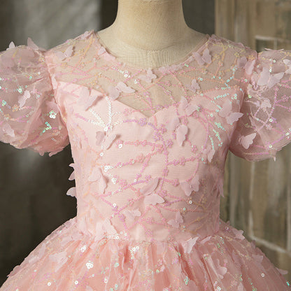 Pink Sequin Princess Flower Girl Dress Boat Neck Puff Sleeve