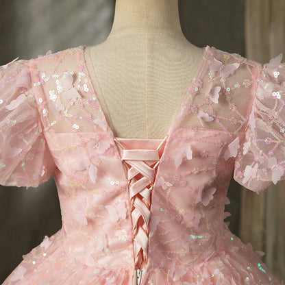 Pink Sequin Princess Flower Girl Dress Boat Neck Puff Sleeve
