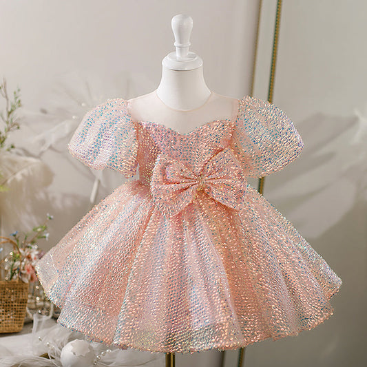Pink Sequin Princess Flower Girl Dress Bow Puff Short Sleeve