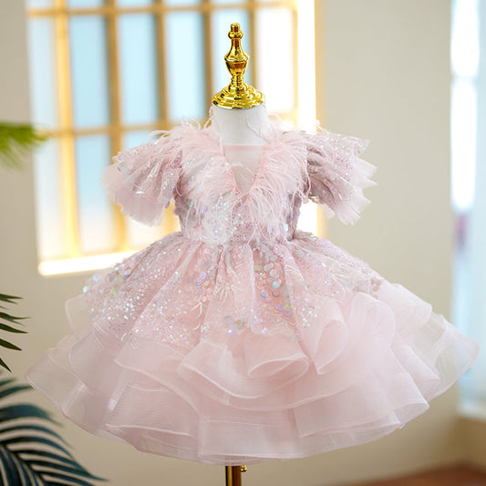 Pink Sequin Princess Flower Girl Dress Short Puff Sleeve