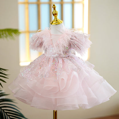 Pink Sequin Princess Flower Girl Dress Short Puff Sleeve