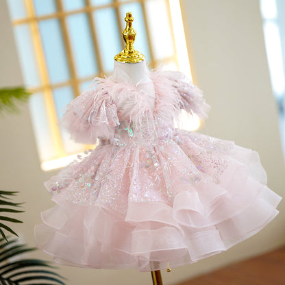 Pink Sequin Princess Flower Girl Dress Short Puff Sleeve