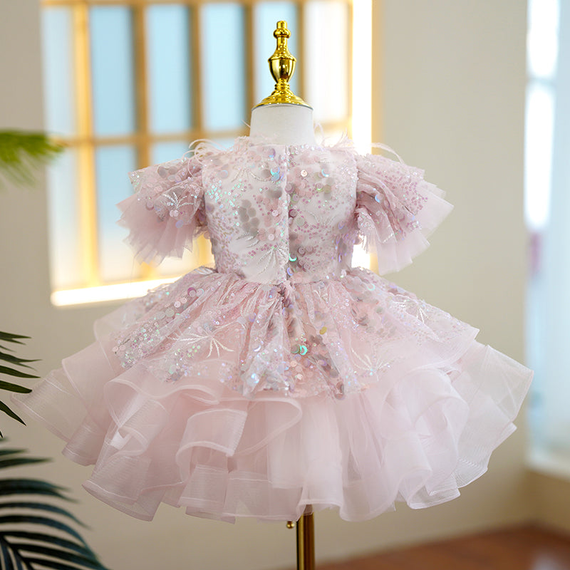 Pink Sequin Princess Flower Girl Dress Short Puff Sleeve