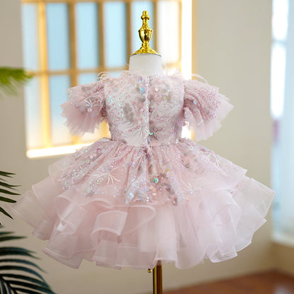 Pink Sequin Princess Flower Girl Dress Short Puff Sleeve