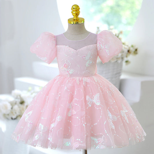 Pink Sequin Princess Flower Girl Dress Short Puff Sleeve Knee