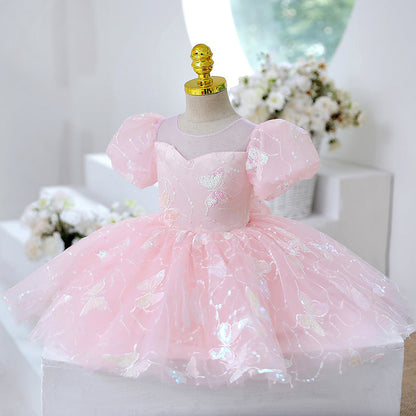 Pink Sequin Princess Flower Girl Dress Short Puff Sleeve Knee