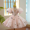 Pink Sequin Princess Flower Girl Dress Short Puff Sleeve Knee