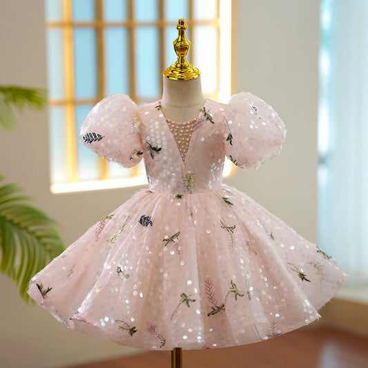 Pink Sequin Princess Flower Girl Dress Short Puff Sleeve Knee