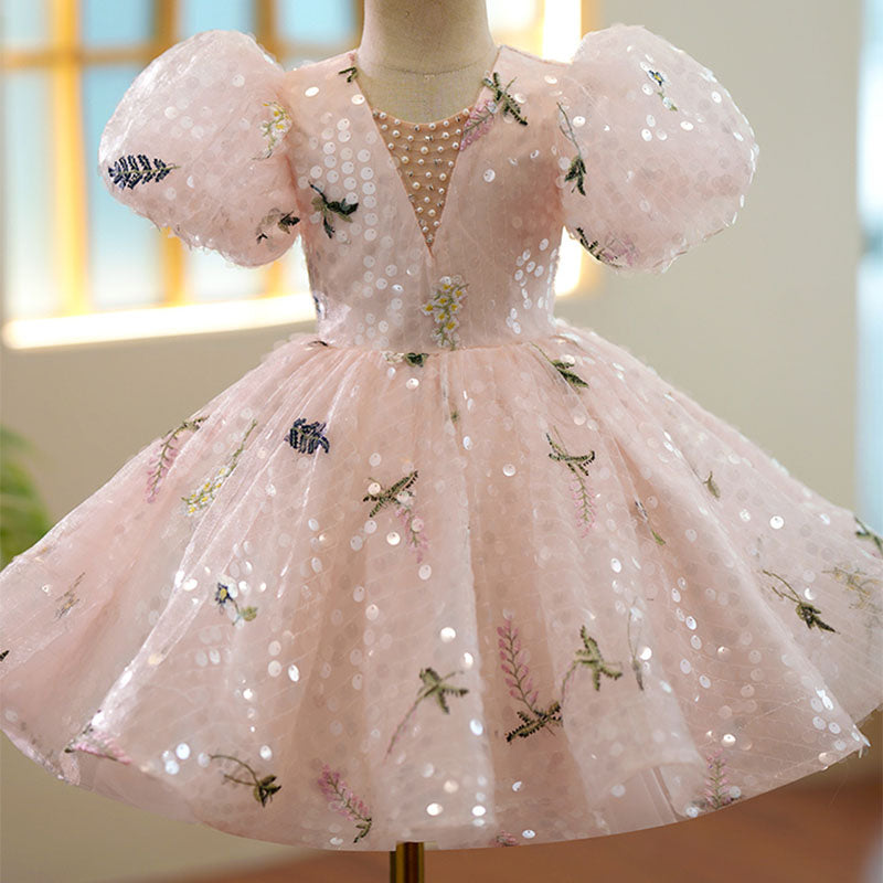 Pink Sequin Princess Flower Girl Dress Short Puff Sleeve Knee