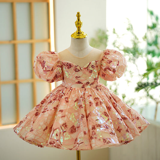 Pink Sequin Princess Flower Girl Dress with Puff Sleeves