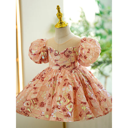 Pink Sequin Princess Flower Girl Dress with Puff Sleeves