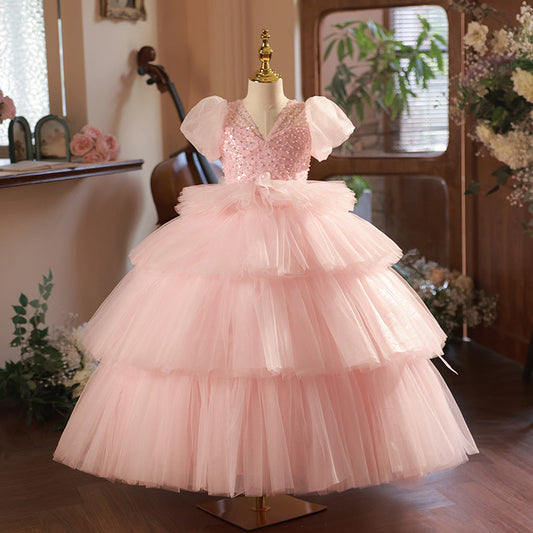 Pink Tiered Tulle Princess Party Dress for Girls – Floor Length Sequin Birthday Gown
