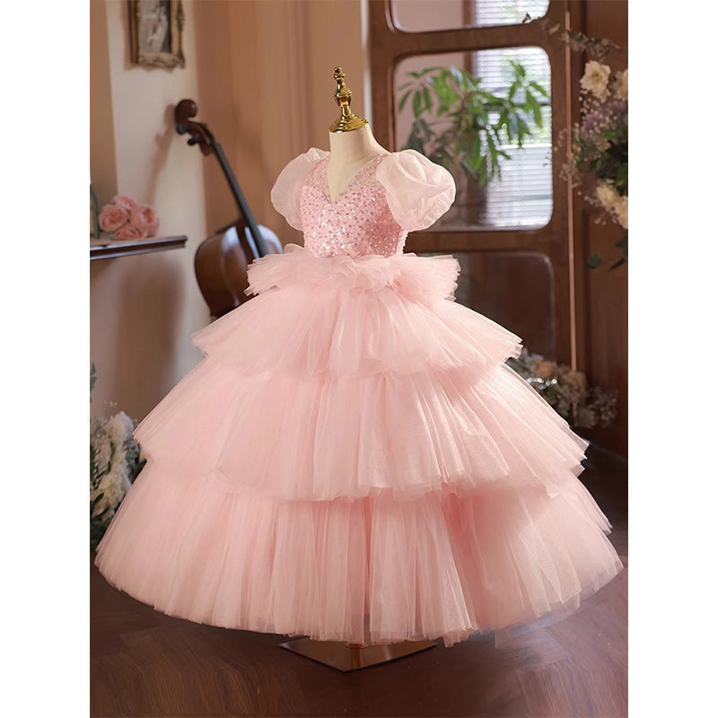 Pink Tiered Tulle Princess Party Dress for Girls – Floor Length Sequin Birthday Gown