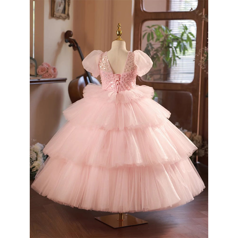 Pink Tiered Tulle Princess Party Dress for Girls – Floor Length Sequin Birthday Gown