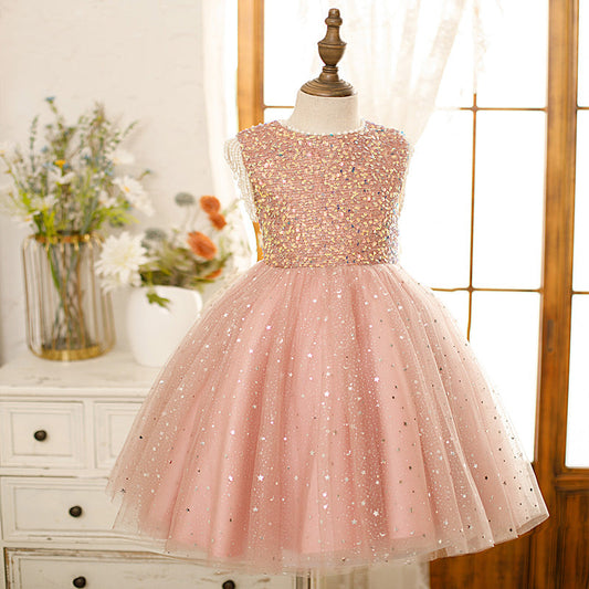 Pink Sequin Tulle A-Line Flower Girl Dress Beaded Sleeveless