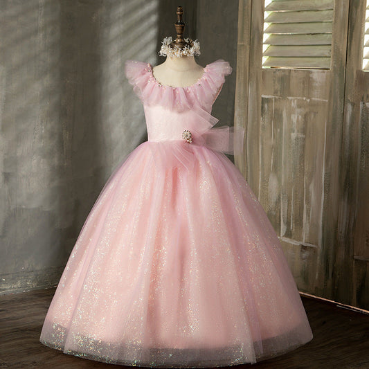 Pink Sequin Tulle A-Line Flower Girl Dress Scoop Neck