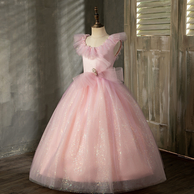 Pink Sequin Tulle A-Line Flower Girl Dress Scoop Neck