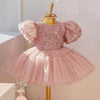 Pink Sequin Tulle A-Line Flower Girl Dress with Puff Sleeves