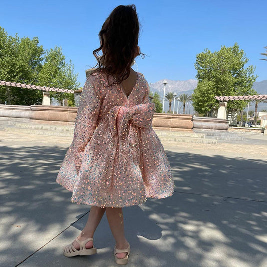 Pink Sequined A-Line Flower Girl Dress Long Sleeves Bow