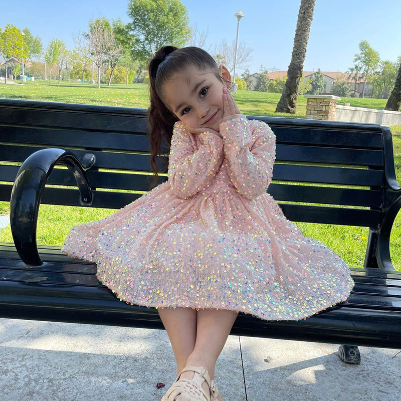 Pink Sequined A-Line Flower Girl Dress Long Sleeves Bow