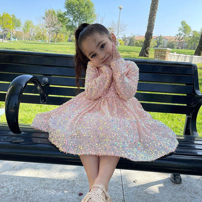 Pink Sequined A-Line Flower Girl Dress Long Sleeves Bow