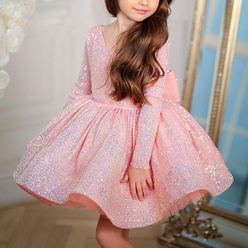 Pink Sequined A-Line Flower Girl Dress Long Sleeves Bow
