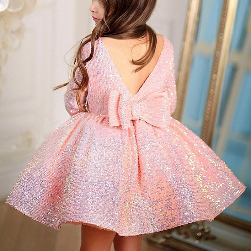 Pink Sequined A-Line Flower Girl Dress Long Sleeves Bow