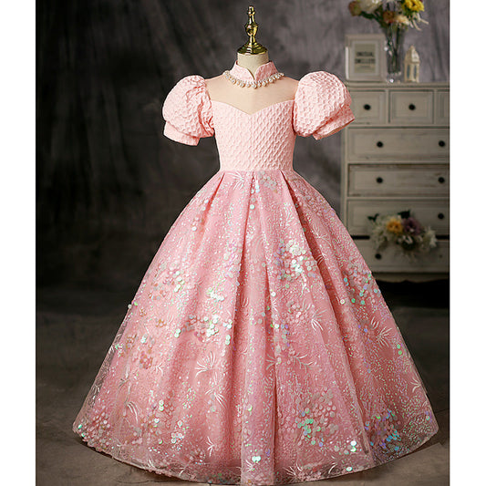 Pink Sequined A-Line Flower Girl Dress with Puff Sleeves