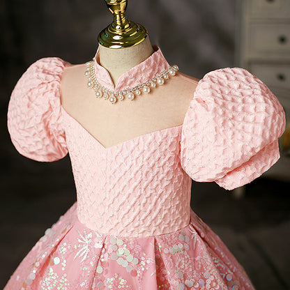 Pink Sequined A-Line Flower Girl Dress with Puff Sleeves