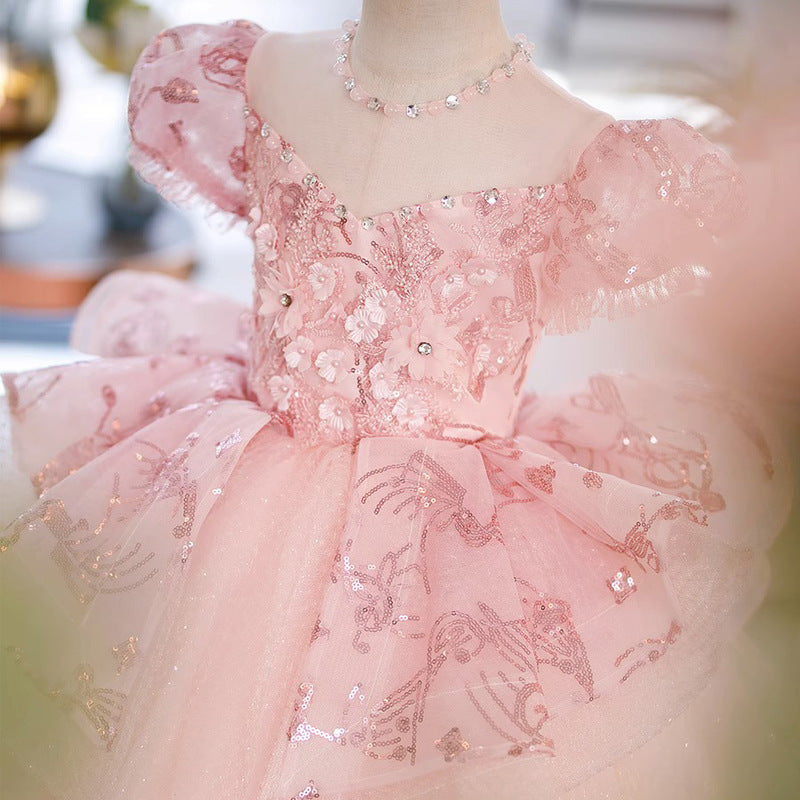 Pink Sequined Ball Gown Flower Girl Dress for Parties & Ceremonies | Ages 2-12