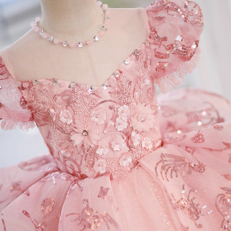 Pink Sequined Ball Gown Flower Girl Dress for Parties & Ceremonies | Ages 2-12