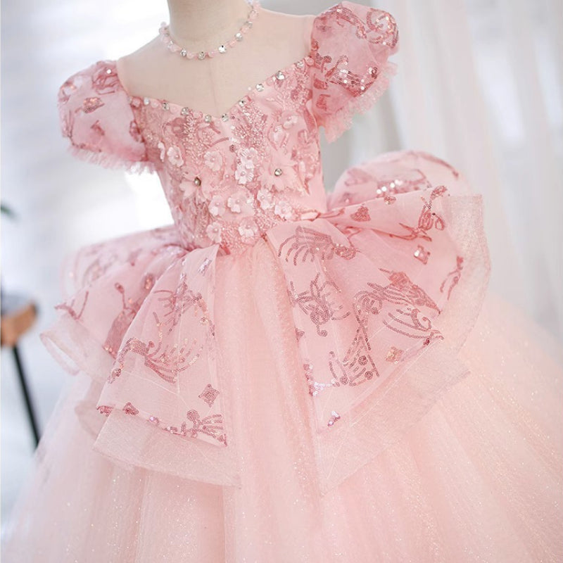 Pink Sequined Ball Gown Flower Girl Dress for Parties & Ceremonies | Ages 2-12