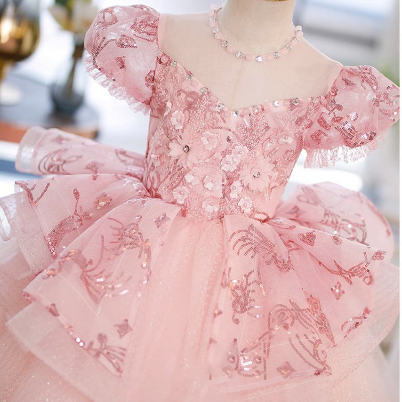 Pink Sequined Ball Gown Flower Girl Dress for Parties & Ceremonies | Ages 2-12