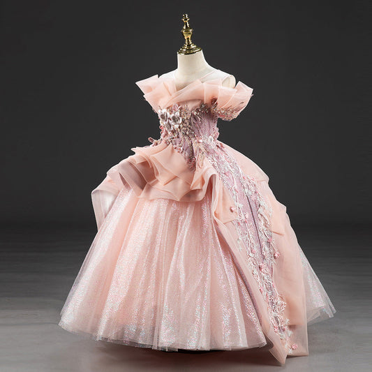 Pink Ball Gown Flower Girl Dress for Special Occasions | Sequined Organza Princess Dress