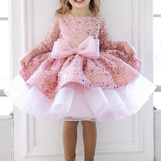 Girls Pink Sequined Princess Dress with Bows & Tiered Skirt - Special Occasion Gown