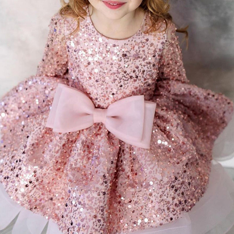 Girls Pink Sequined Princess Dress with Bows & Tiered Skirt - Special Occasion Gown
