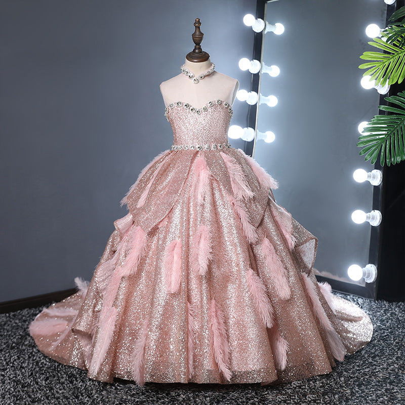 Pink Sequined Princess Flower Girl Dress Mock Neck Ruffle